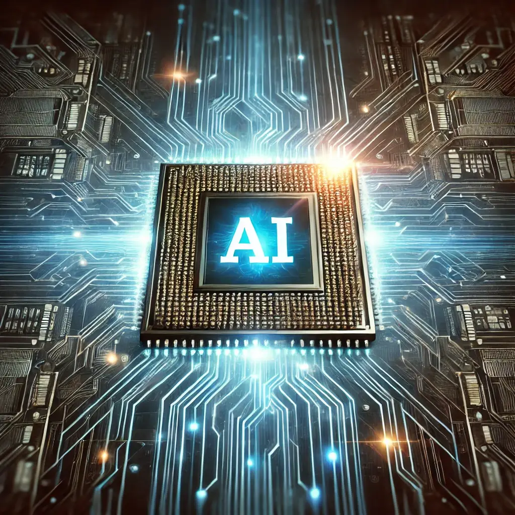 Futuristic AI-powered processor chip with advanced circuits, enhancing computing performance and efficiency