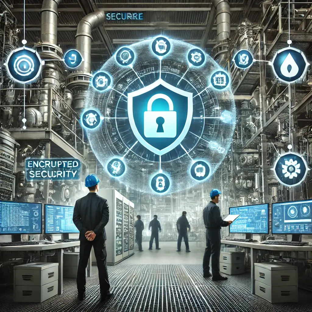 Industrial automation cybersecurity showing PLC networks secured with encryption and firewalls