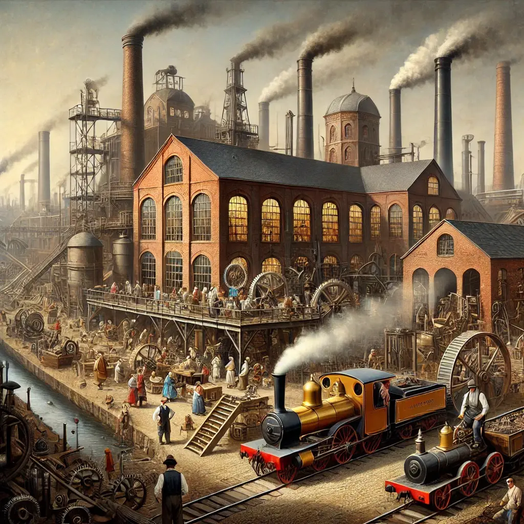 A detailed painting of an 18th-century Industrial Revolution scene with a large brick factory, smokestacks, workers operating steam-powered machines, a steam locomotive on railway tracks, and industrial barges on a river.