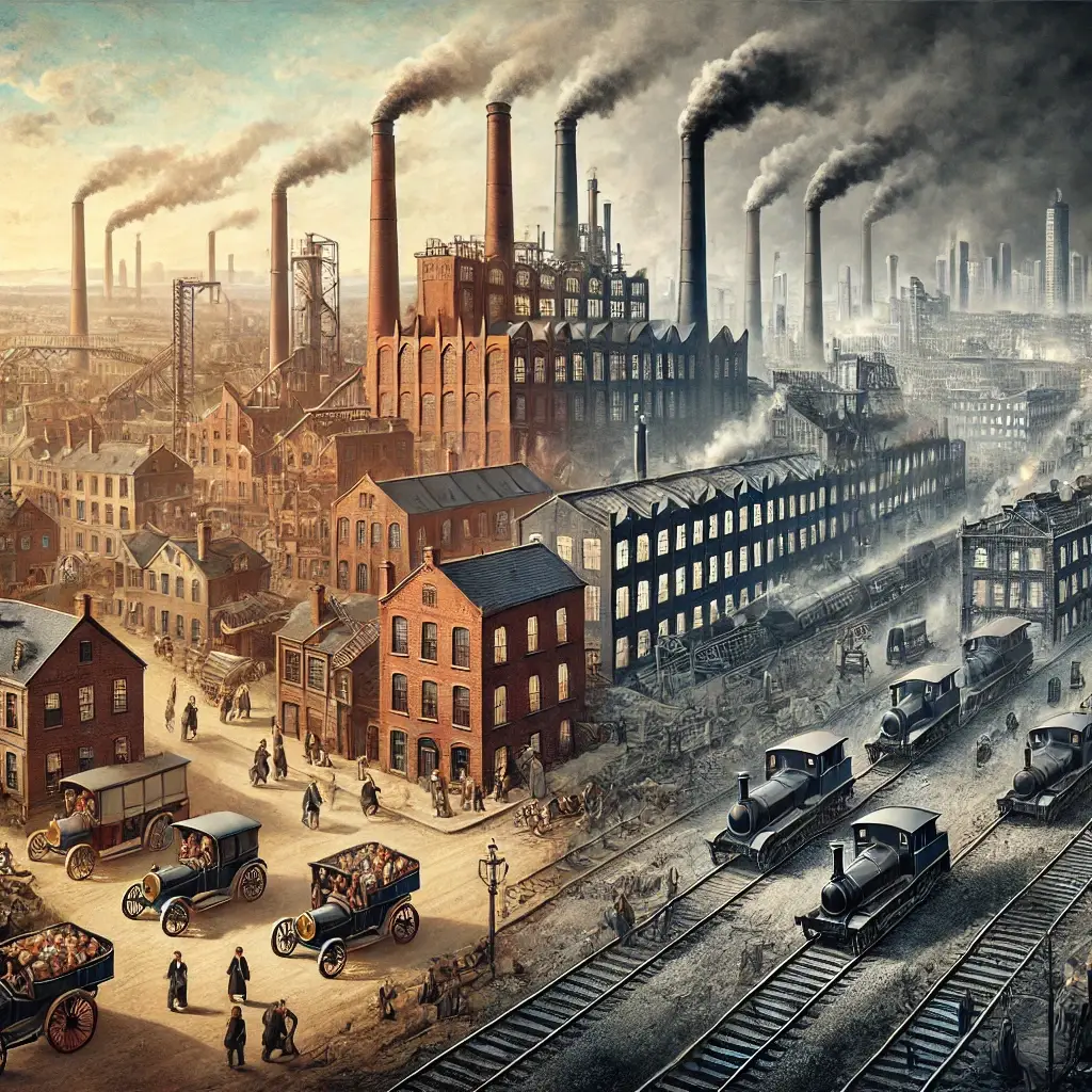 Legacy and long-term effects of the First Industrial Revolution, showing industrial progress, factories, and urban development.