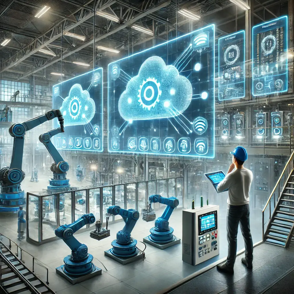 A high-tech factory floor showcasing the evolution of Programmable Logic Controllers (PLCs) with AI-powered automation, robotic arms, and cloud-based monitoring under Industry 4.0.