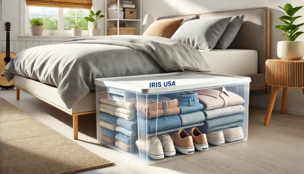 IRIS USA 50 Qt under-bed storage bin organizing clothes, shoes, and bedding neatly under a tidy bed