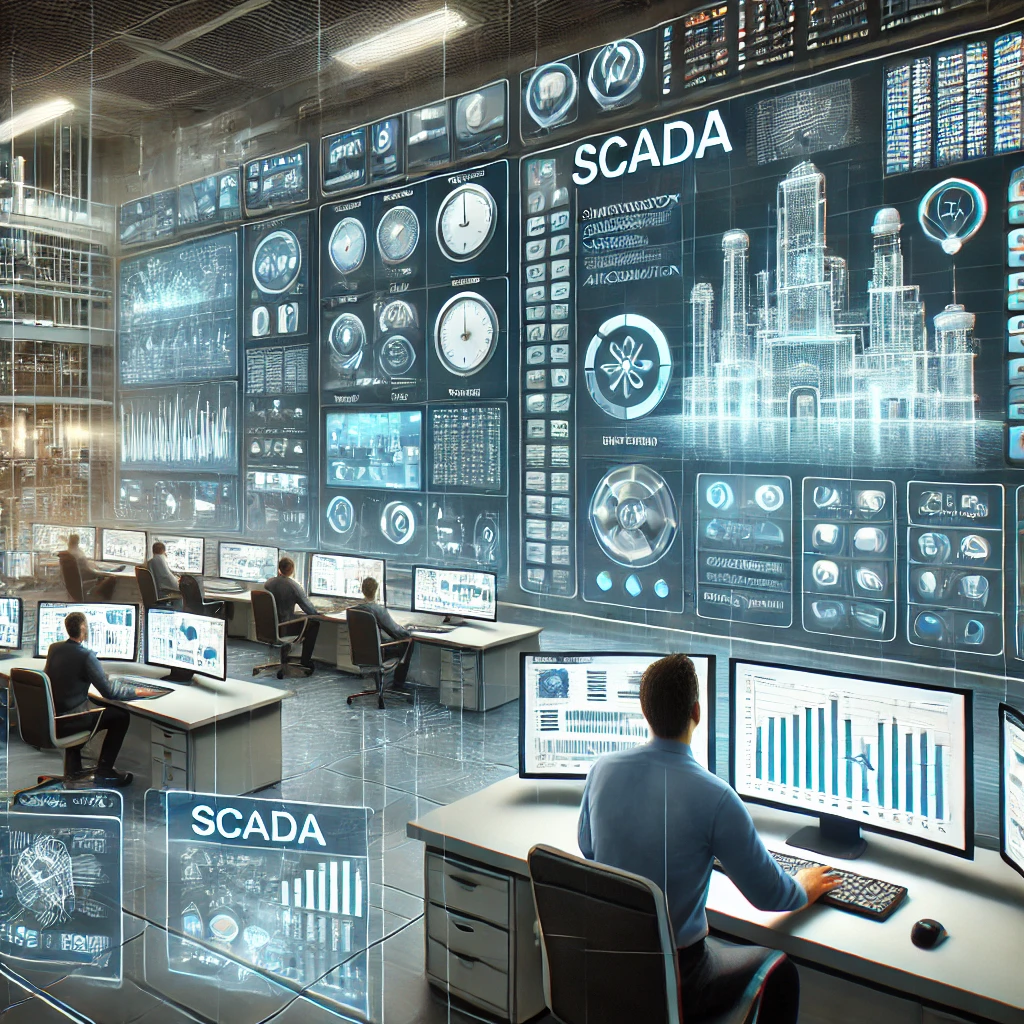 SCADA system monitoring real-time industrial automation processes with digital dashboards and sensors.