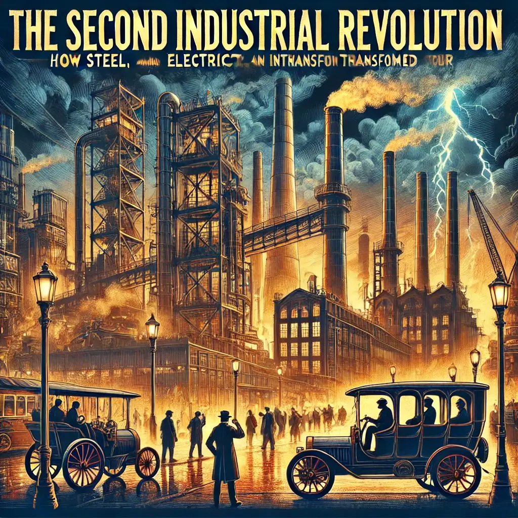 Illustration of the Second Industrial Revolution featuring steel skyscrapers, electric streetlights, smokestack factories, early automobiles, and a bustling industrial cityscape, symbolizing the rise of mass production, urbanization, and technological innovation.